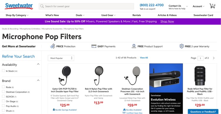 Sweetwater online store showcasing a range of microphone pop filters for podcasting.