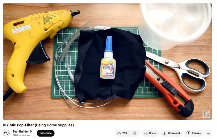 TechBuilder YouTube video tutorial showing how to create a DIY pop filter at home using household supplies.