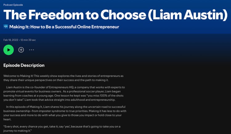 Screenshot of the podcast episode titled "The Freedom to Choose" featuring Liam Austin, showing the title of the podcast and episode description on Spotify.