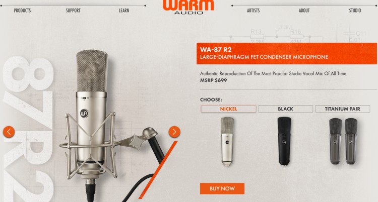 Warm Audio WA-87 R2 large-diaphragm FET condenser microphone in nickel finish with shock mount, designed for high-end studio recording.
