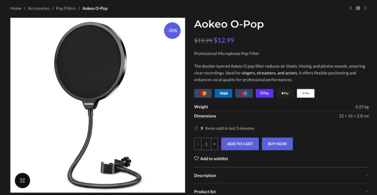 Aokeo O-Pop filter shown as a professional microphone accessory designed to reduce air blasts, hissing, and plosive sounds for clear recordings