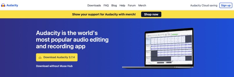 Audacity homepage promoting its audio editing and recording app with a focus on audio quality