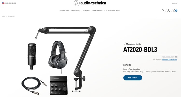 Audio-Technica AT2020-BDL3 microphone bundle with boom arm, headphones, and mixer shown as a value for money audio package
