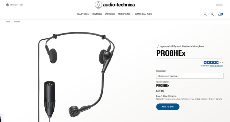 Audio-Technica PRO8HEx dynamic headset microphone designed for clear speech and performance with lightweight on-ear headset design.