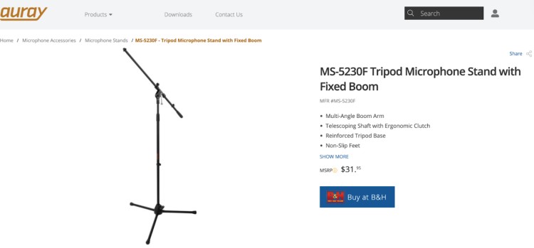 Auray MS-5230F tripod microphone stand with built-in stand and fixed boom for Blue Yeti and other microphones