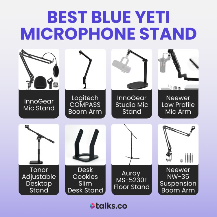 Best podcasting microphone stands for Blue Yeti including InnoGear, Logitech, Neewer, Tonor, Desk Cookies, and Auray options