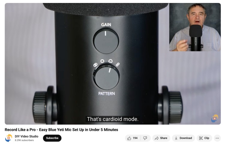Close-up of Blue Yeti microphone controls with gain and pattern knobs explained in a technical video tutorial