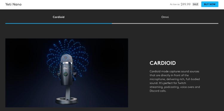 Blue Yeti Nano microphone shown as a recording device in cardioid mode for podcasting, streaming, and voiceovers