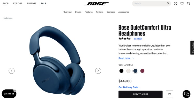 Bose QuietComfort Ultra headset with advanced noise cancelling and premium audio performance, ideal for immersive on-ear listening.