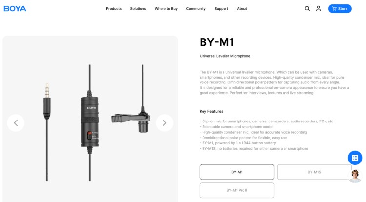 Boya BY-M1 universal lavalier microphone shown as an affordable alternative to a wireless lav mic for interviews, lectures, and live streaming