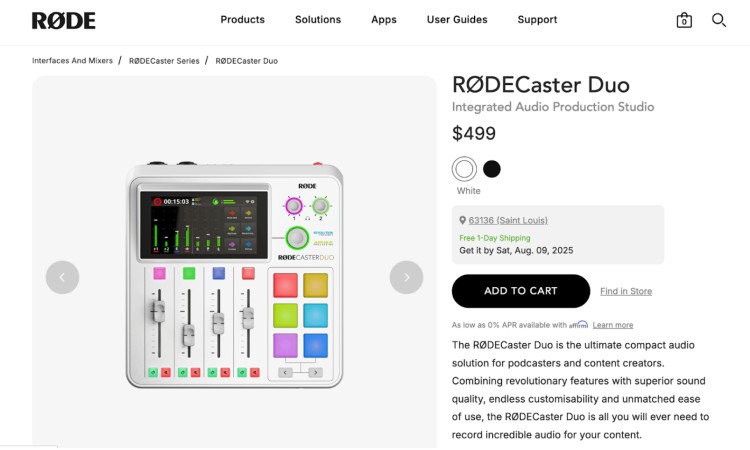 RodeCaster Duo compact mixer for podcasting and content creation with colorful pads and controls