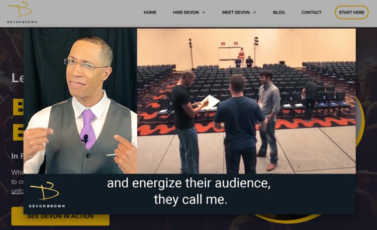 Devon Brown speaking on stage with a behind-the-scenes event setup, showing how to engage and play as an emcee to energize audiences.