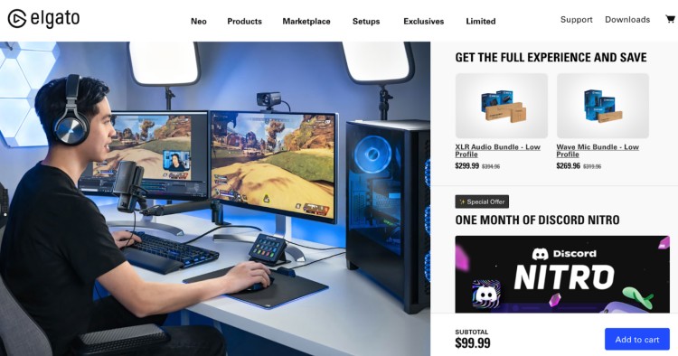 Gamer streaming setup with dual monitors, Elgato Wave mic arm, microphone, and accessories for professional streaming and recording