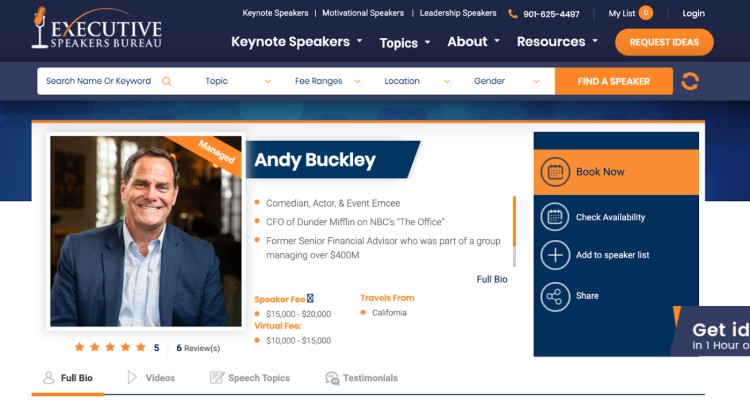 Andy Buckley profile on Executive Speakers Bureau showcasing his background, event emcee role, and speaker fees, helping in understanding how much an emcee can make.