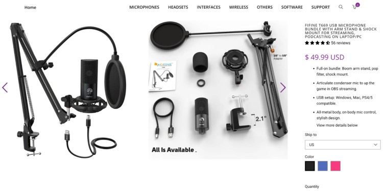 Fifine T669 USB microphone bundle with boom arm, shock mount, and pop filter shown as a complete setup for podcasting and streaming