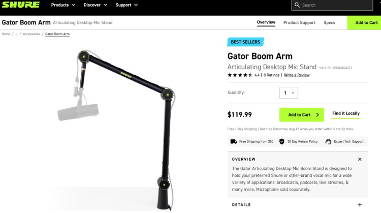 Shure product page displaying the Gator Boom Arm as a reliable boom arm option for podcasts, live streaming, and professional recording setups