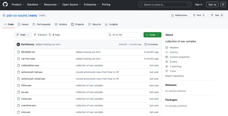 GitHub repository page displaying a collection of sample WAV file downloads