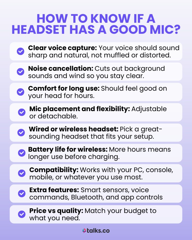 Guide showing how to know if a headset has a good mic, with tips on noise cancellation, comfort, mic placement, battery life, and on-ear headset features.