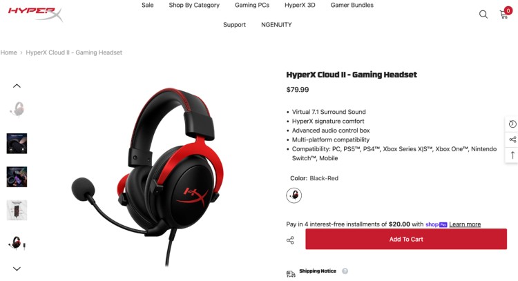 HyperX Cloud II headset with microphone designed for immersive online gaming, offering 7.1 surround sound, comfort, and multi-platform compatibility