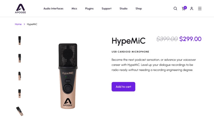Apogee HypeMiC USB cardioid microphone designed to improve the sound of your recordings for podcasts, singing, and voiceovers