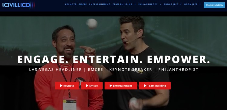 Jeff Civillico juggling on stage while engaging with an audience volunteer during a live event.