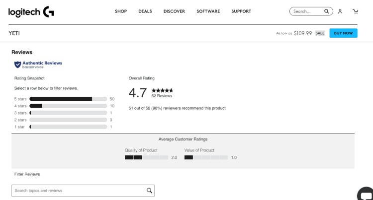 Yeti mic review summary from Logitech with 4.7 star average rating