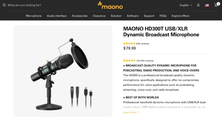 Maono HD300T USB/XLR dynamic microphone with accessories, perfect for anyone going to record podcasts or voiceovers