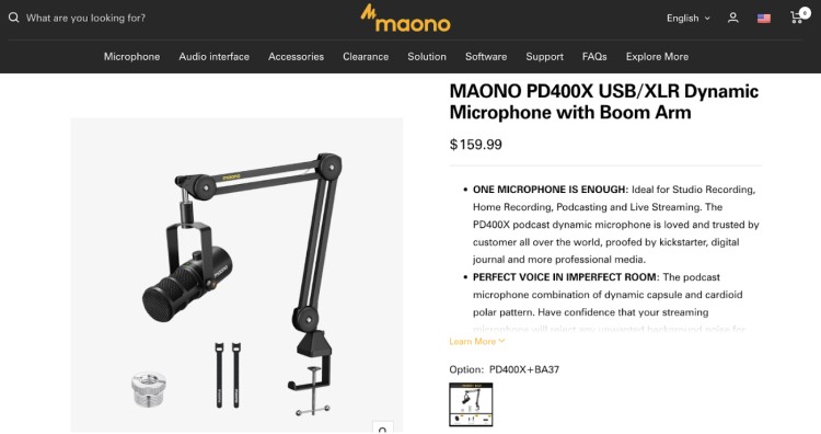 Maono PD400X USB/XLR one mic setup with boom arm and accessories