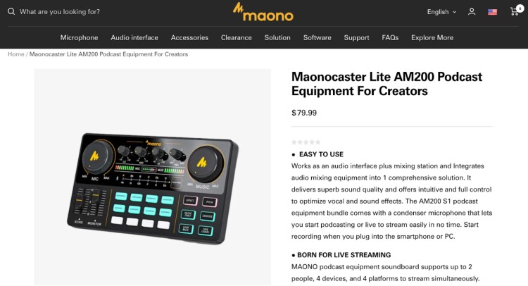 Maonocaster Lite AM200 audio interface and soundboard, considered one of the best podcast mixers for creators.