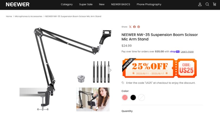 Neewer NW-35 suspension boom scissor arm mic stand product page showing adjustable arm, mounting clamp, and accessories for microphones