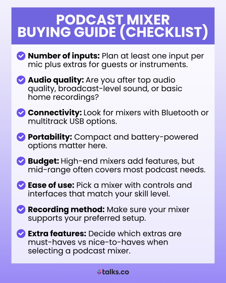 Podcast mixer buying guide checklist with tips on inputs, audio quality, connectivity, portability, budget, and features