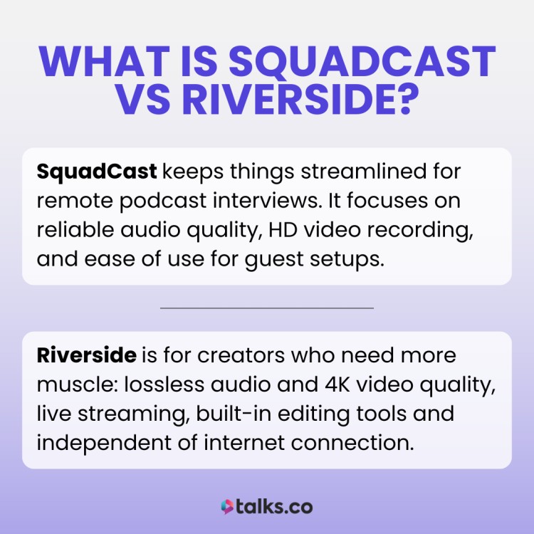 Comparison of SquadCast vs Riverside for podcasting, detailing features for remote interviews, audio and video quality, streaming, and editing tools