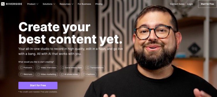 Riverside.fm homepage highlighting that Riverside allows you to record, edit, and go live with AI tools