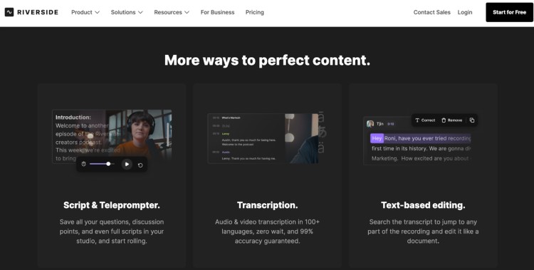 Riverside features screen showing how Riverside lets you script, transcribe, and edit podcast content