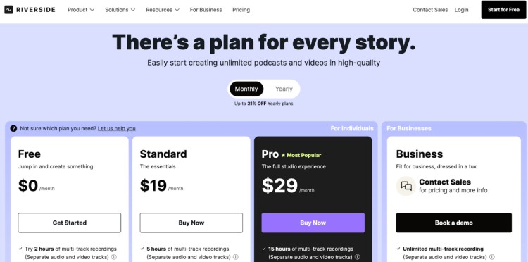 Riverside pricing plans showing options to record video and audio with different features