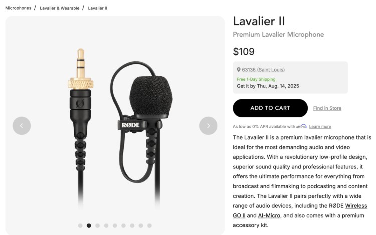 Rode Lavalier II premium microphone compatible with Rode Wireless systems for podcasts, content creation, and video production