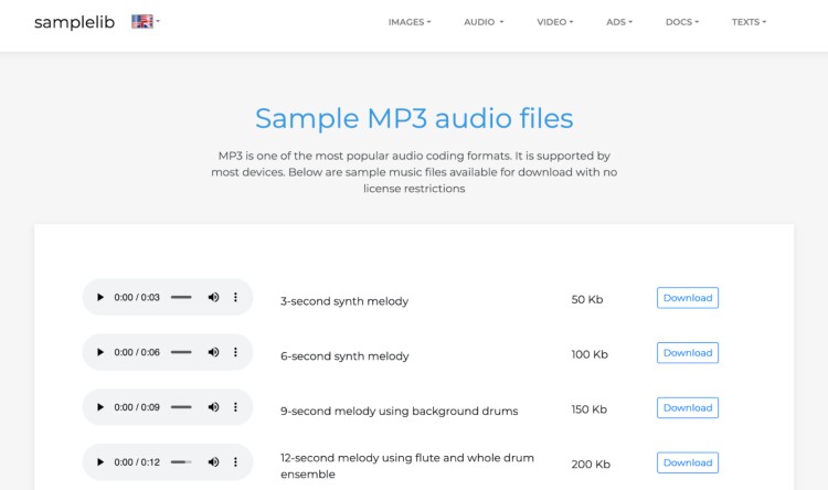Website page displaying sample MP3 file audio downloads with play buttons and file sizes