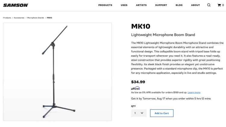 Samson MK10 lightweight microphone boom stand with collapsible tripod base, adjustable height, and durable steel construction