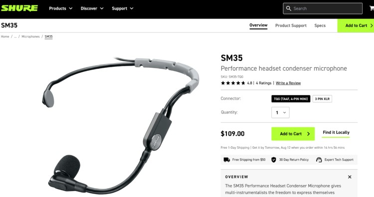 Shure SM35 performance condenser on-ear headset microphone designed for vocalists and performers with professional audio quality