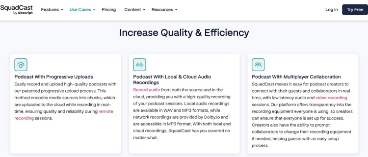 SquadCast features page showing podcast tools such as progressive uploads, local and cloud recordings, and multiplayer collaboration with high video quality.
