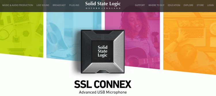 SSL CONNEX usb mic from Solid State Logic displayed with colorful background showing various recording scenarios