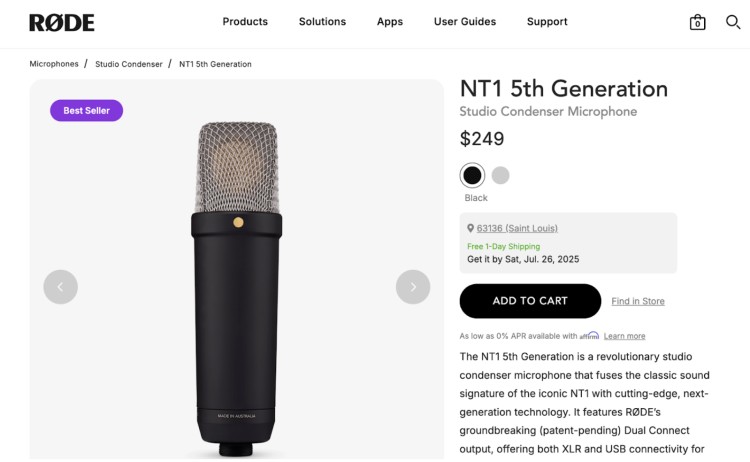 Rode NT1 5th Generation studio condenser microphone, ideal to start a podcast with professional sound quality