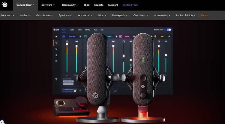 SteelSeries Alias USB microphones come with RGB lighting, shown on a desktop setup with audio software