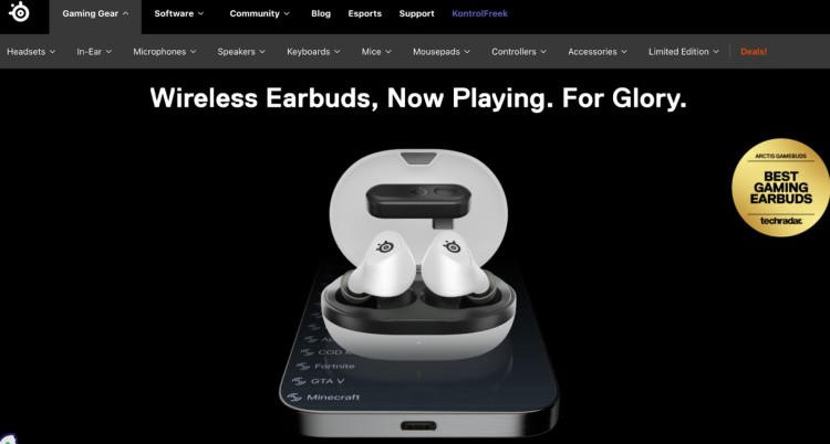 SteelSeries Arctis GameBuds wireless earbuds with long wireless range, designed for gaming with clear sound and low latency.