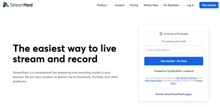 StreamYard platform homepage showing live stream and recording features designed for podcasters to record and broadcast content to multiple platforms.