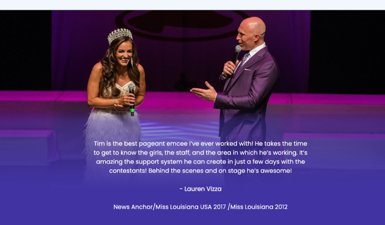 Lauren Vizza praising Tim Tialdo’s ability as a pageant emcee during a live stage interview.