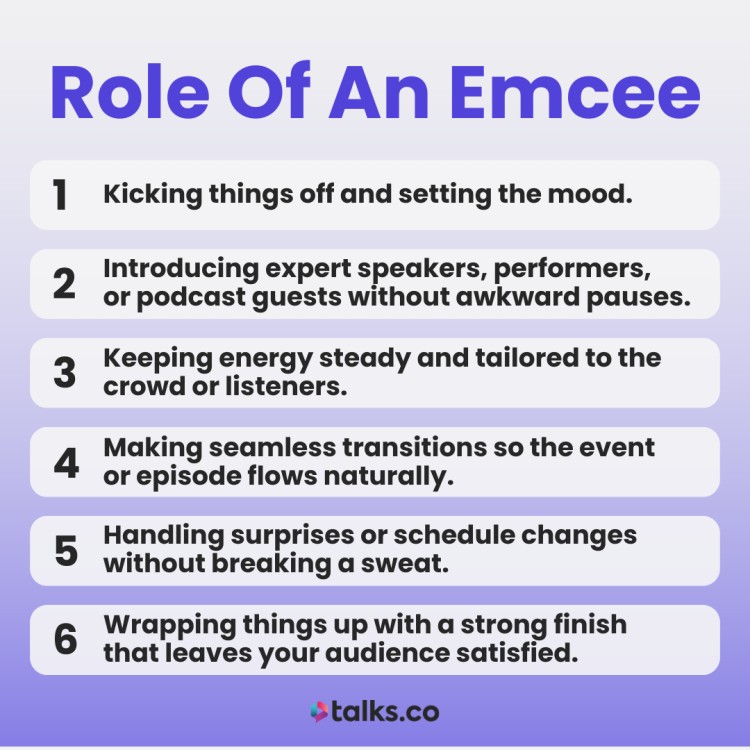 Understanding the role of an emcee with six key responsibilities for hosting events or podcasts.