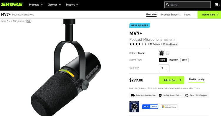 Shure MV7+ podcast microphone with USB and XLR outputs, perfect if you want to use this model for podcast recording