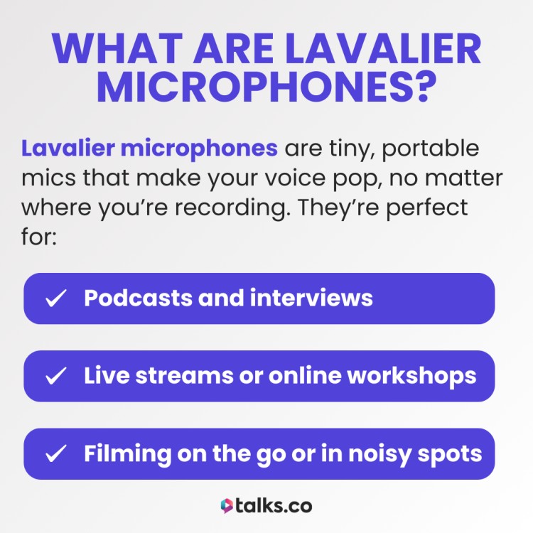 Guide explaining benefits of using a lavalier microphone for podcasts, interviews, live streams, and filming on the go