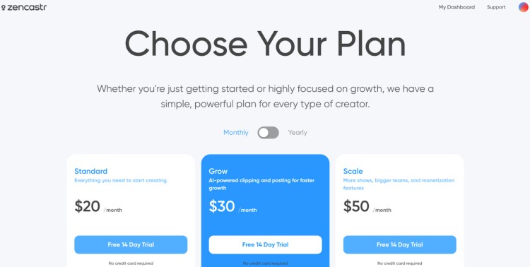 Zencastr pricing page showing three plans with monthly rates and free trials